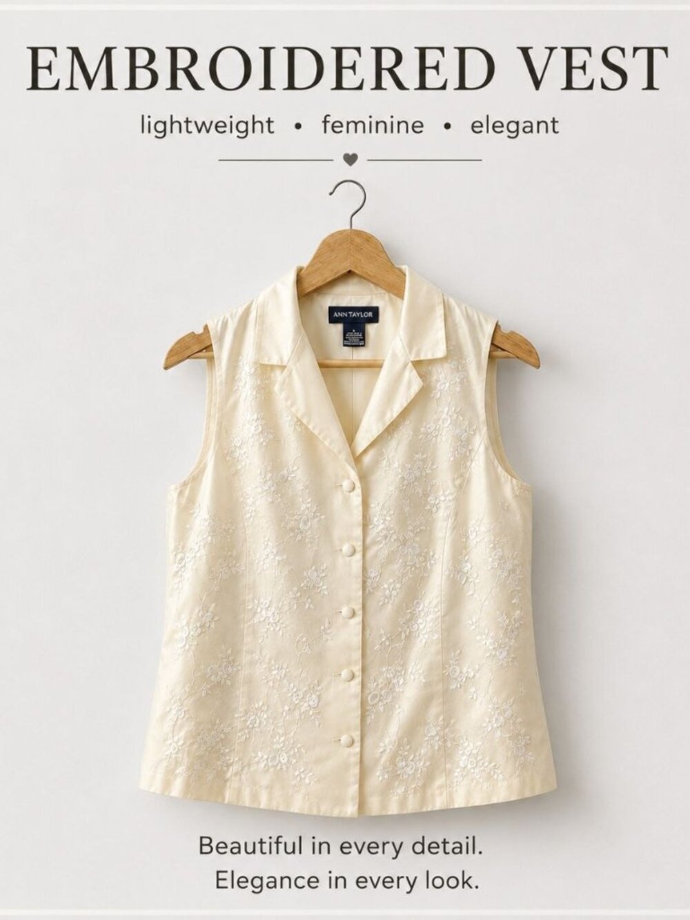 Ann Taylor 100% Silk Embroidered Vest Cream Butter Color Size 6